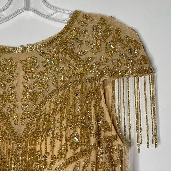 Mac Duggal 4715 Size 12 Embellished Fringe Cap Sleeve Trumpet Gown, Light Gold - Picture 7 of 10